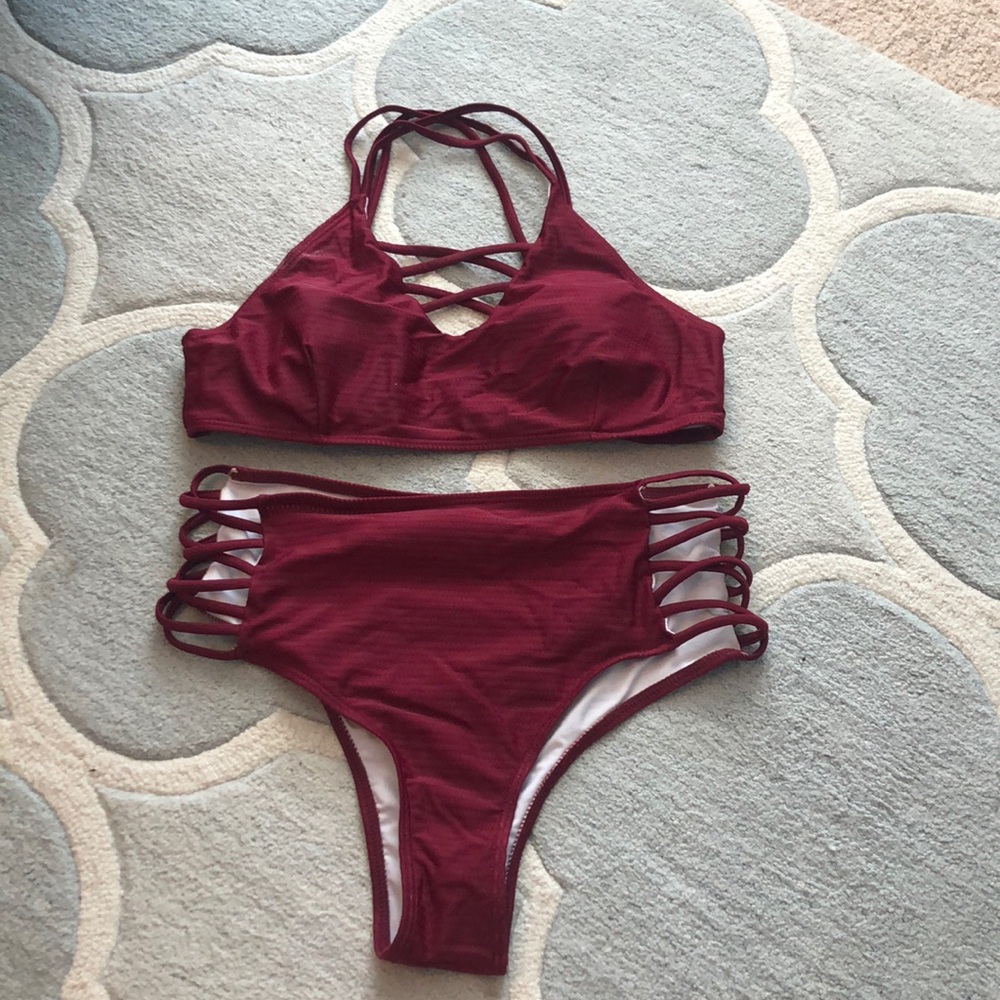 Burgundy cupshe bikini with cross strap detail